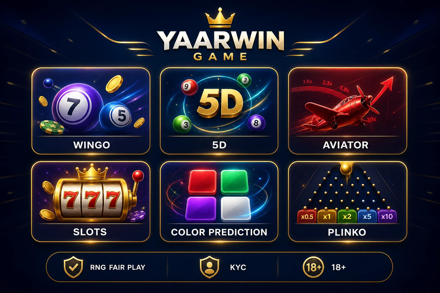 Yaarwin Game category grid showing Wingo, 5D, Aviator, Slots, Color Prediction, and Plinko