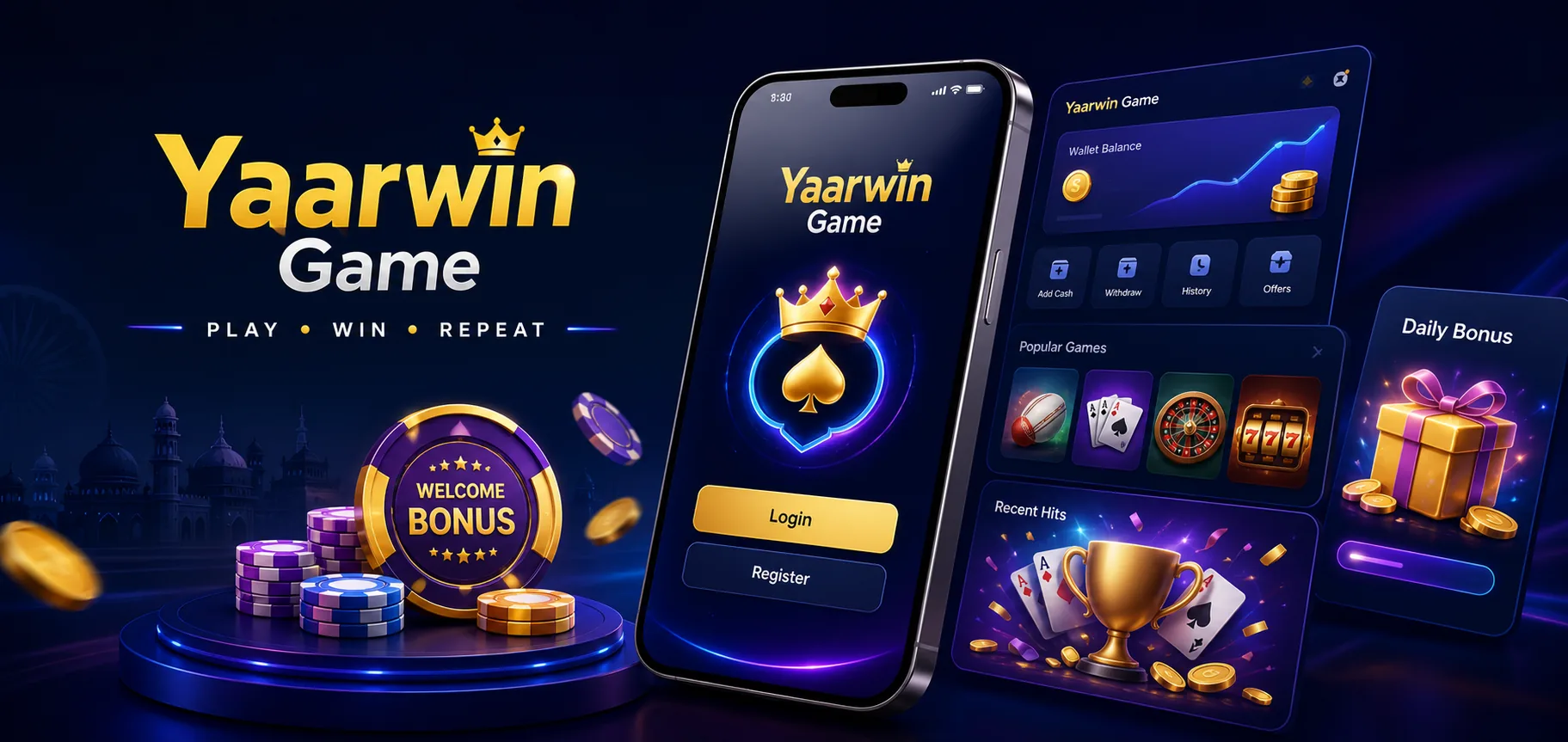 Yaarwin Game hero illustration with dashboard, bonus, and login preview