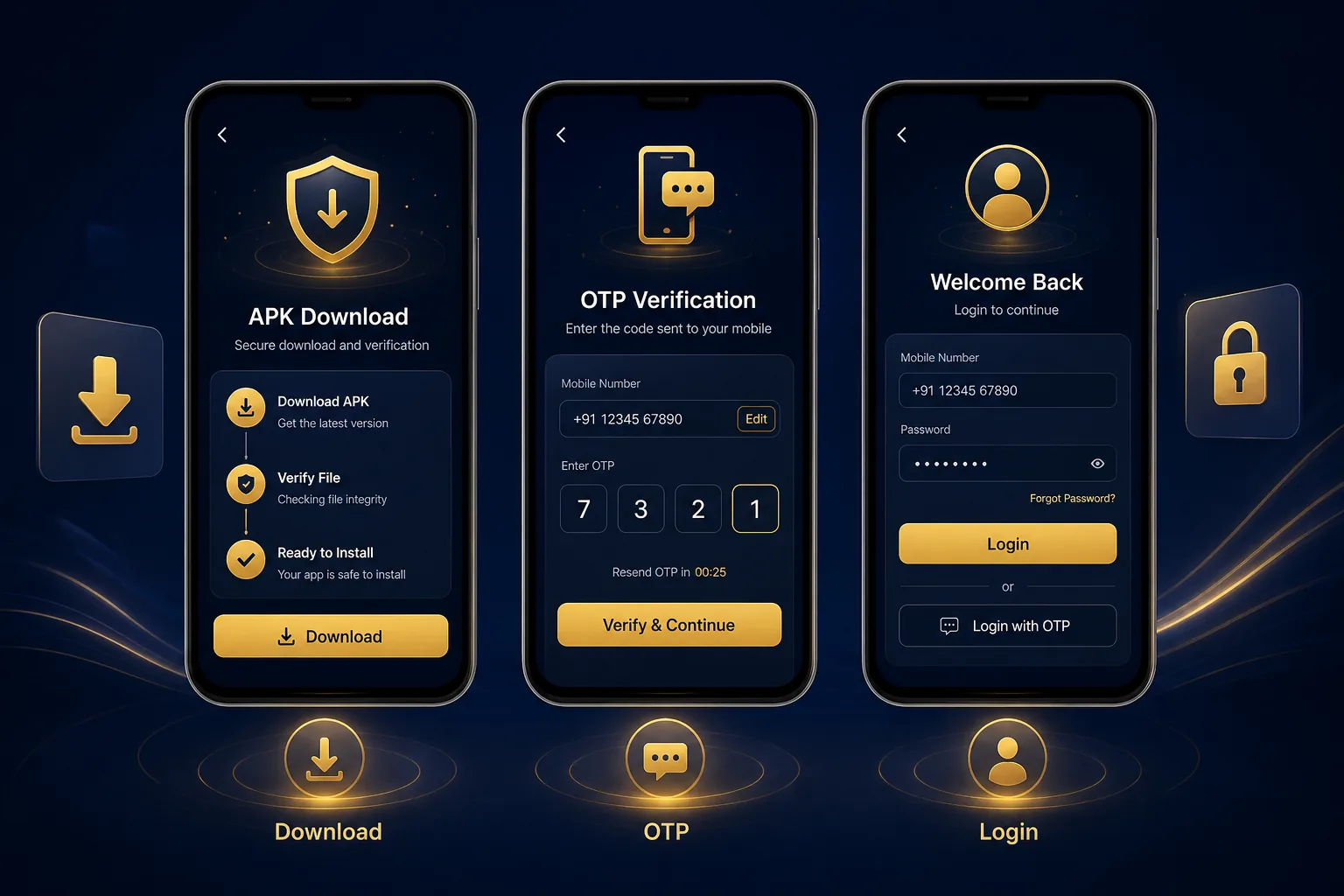 Yaarwin Game onboarding illustration with APK download, OTP verification, and login screens