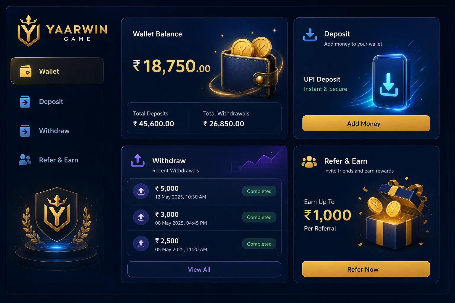Yaarwin Game wallet illustration showing deposit, withdrawal history, and refer and earn cards